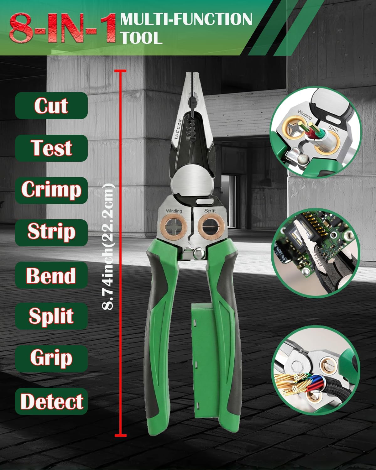 Chicat 8-in-1 Wire Stripper with Voltage Tester,Multi-function Electric Pliers,Professional Wire Cutter & 12V-250V AC/DC Neutral Tester,Electrician Tools & DIY Tool (Green)