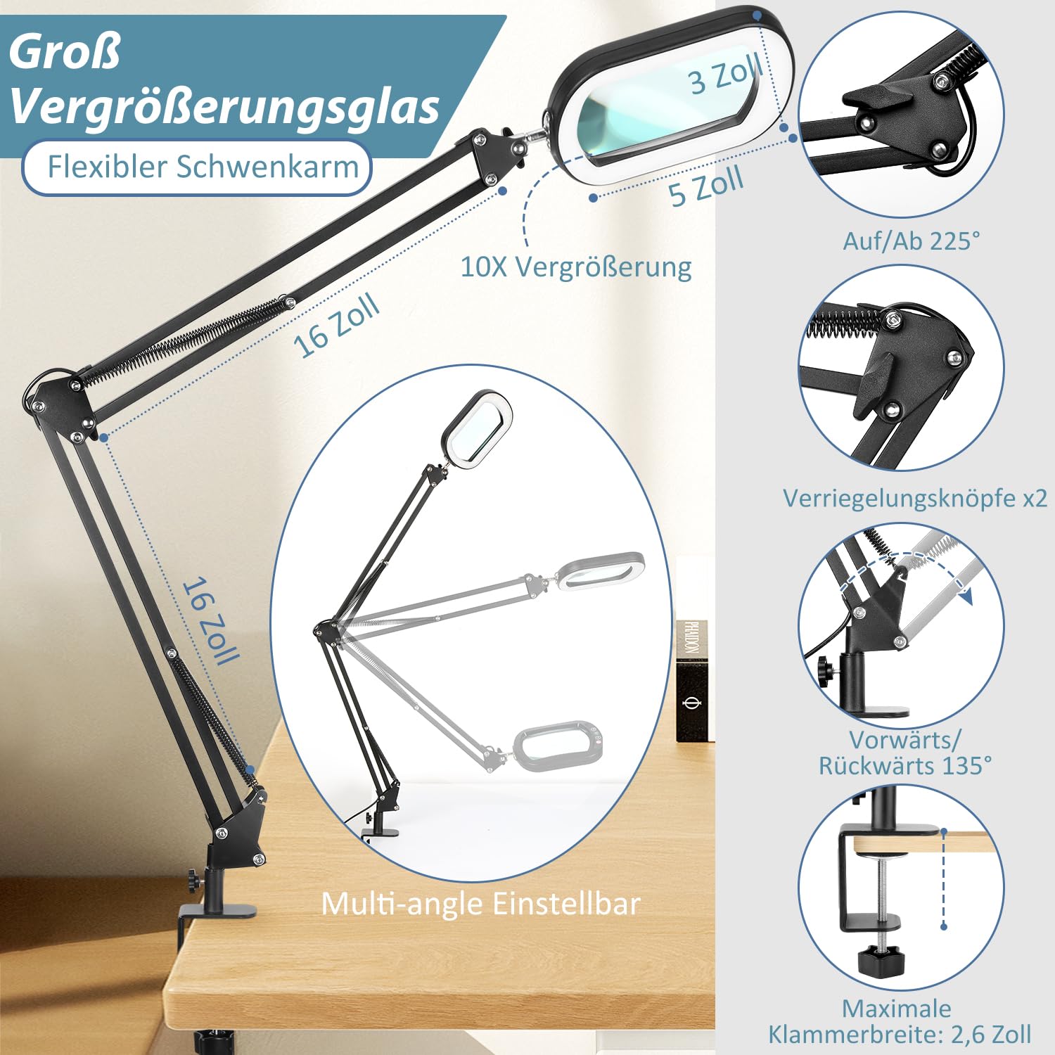 Lente D'ingrandimento Con Luce Veemagni 10x, 5 Modalità Colore, Dimmerabile, Braccio Girevole E Morsetto Da Tavolo, Per Hobby E Lettura