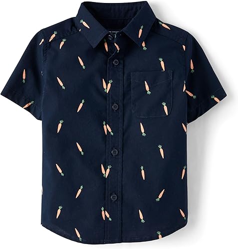 The Children's Place,Baby Boys,and Toddler Poplin Short Sleeve Button Down Shirt,Navy Carrots,2 Years