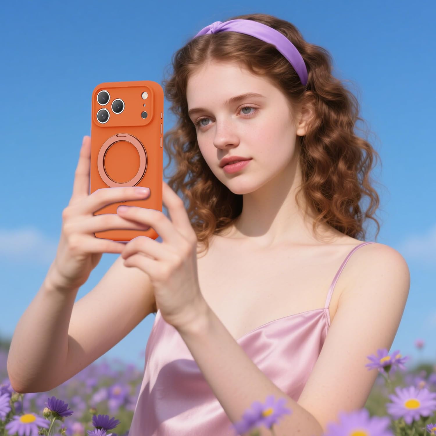 Compatible with iPhone 17 Pro Max Case 6.9'' with 360 Spin Magnetic Ring Stand[Compatible with Mag-Safe] Soft Liquid Silicone 17 Pro Max Case for Men Women,Orange