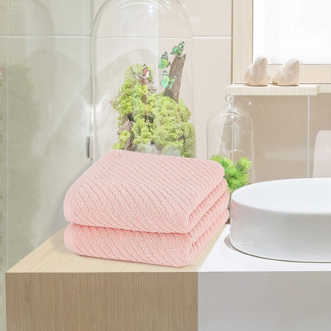 PiccoCasa Set of 2, Pink Ribbed Hand Towels for Bathroom 13 x 29 Inch 100% Cotton Soft Absorbent Soft Feeling Fast Drying Towels Hotel Spa Towel Face Towel - Image 9