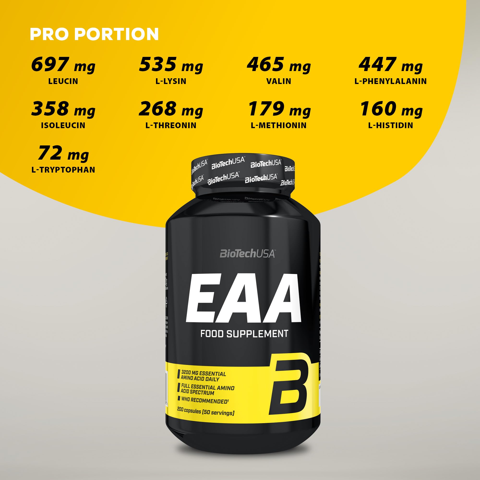 BioTechUSA EAA Kapseln | 3200mg essentielle Aminosäuren, alle 9 essentiellen | WHO-empfohlenes Verhältnis | 200 Kapseln