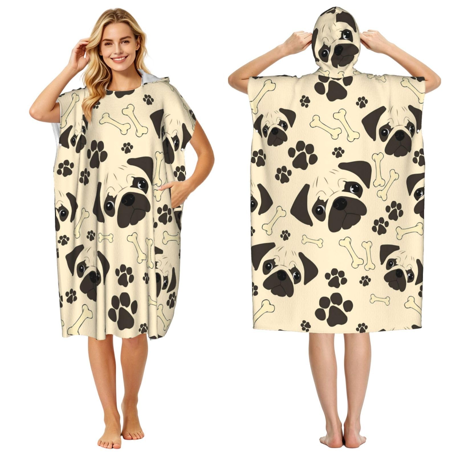 Poadnly Pug Dog Pattern, Adult Hooded Beach Towel 90 x 110 cm,Changing Bath Robe, Surf Poncho Towel For Women Men