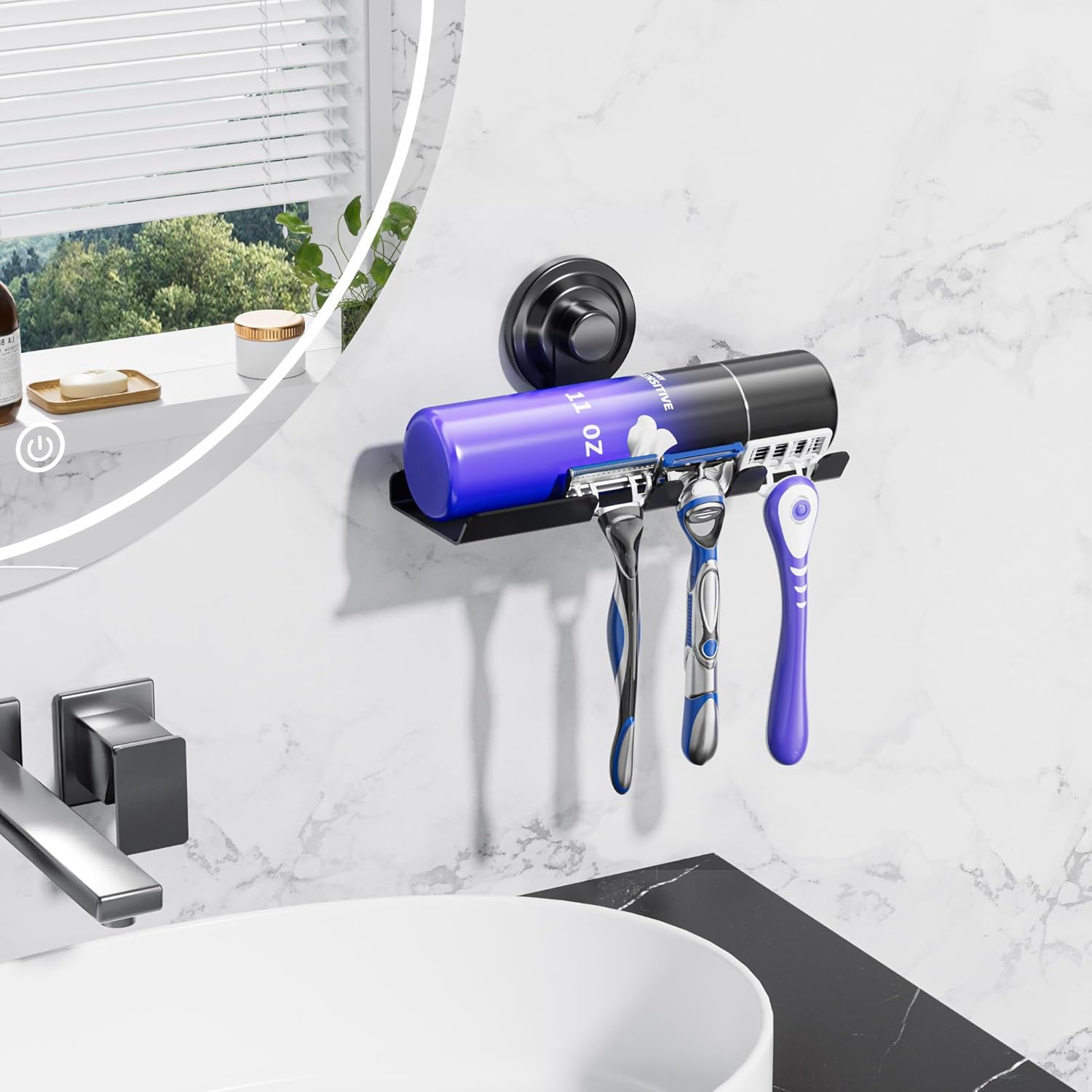 Suction Cup Razor Holder for Shower - Suction Cup Hooks for Shower, Black – Damage-Free Hooks for Men’s Grooming Organizer, Holds Razors, Towels, Shaving Cream Shelf, Strong 5lb Hold