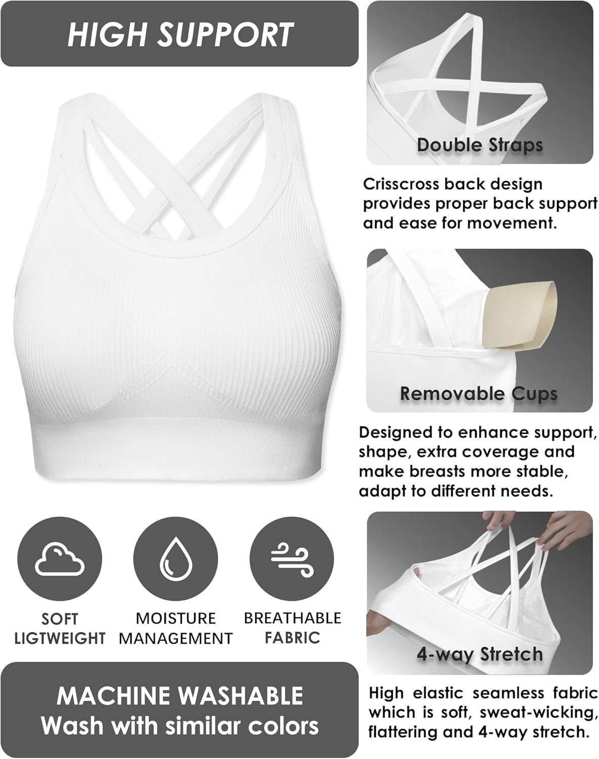 Sports Bras for Women HIigh Support, Criss-Cross Back Padded Strappy High Impact Sports Bras for Women Large Bust - Image 5