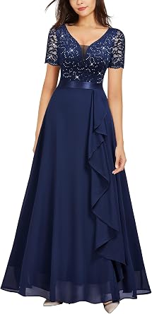 Miusol Womens Classy V-Neck Ruffle Floral Lace Hem Trim Sequined Maxi Bridesmaid Dress