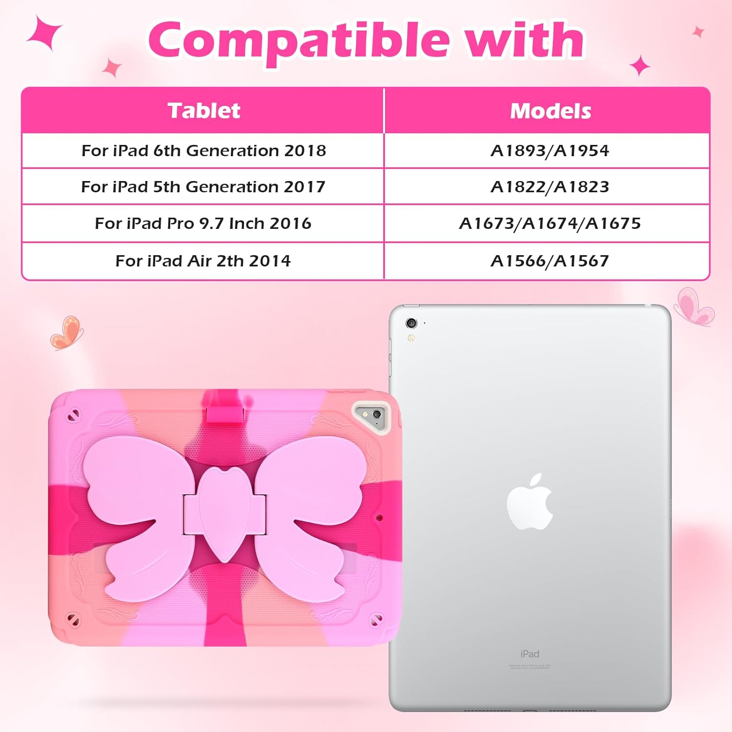 VOFUOE for iPad 6th/5th Generation Case for Kids Girls for iPad 9.7 Case 2018 2017 with Bow Stand Shoulder Strap Pencil Holder 2 in 1 Hard Protective Cover for iPad Pro for iPad Air 2th-Colorful Pink