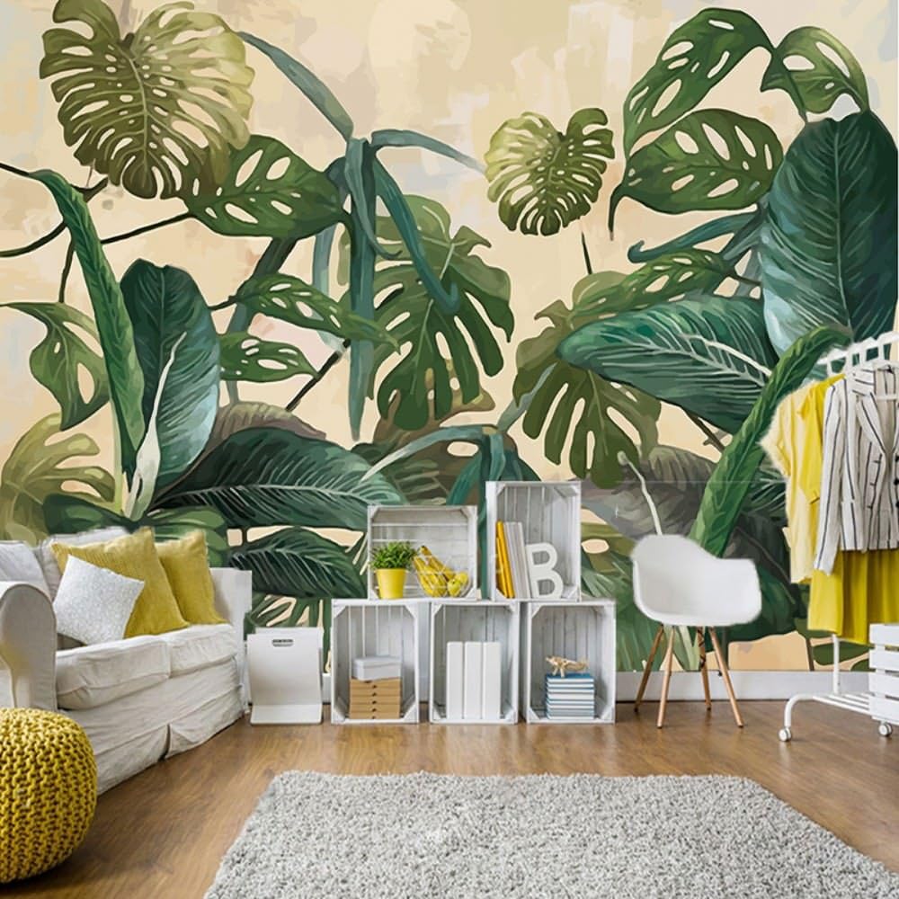 Colomac Wall Mural Retro Tropical Rain Forest Palm Banana Leaves Abstract Mural Suitable for Living Room Home Decor Sofa TV Background Hotel Wallpaper 55 Inch x 27.5 Inch
