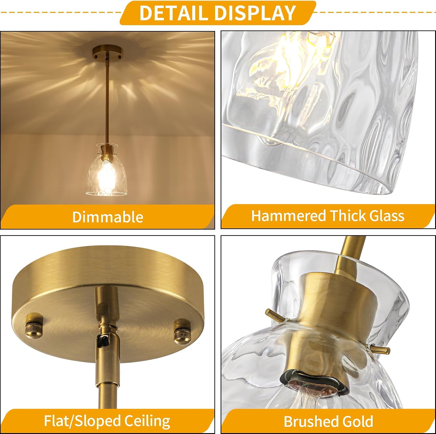 Modern Brushed Gold Pendant Lights Kitchen Island 2 Pack 5.9" Hanging Light | Hammered Glass, E26 Dimmable, Adjustable Height, Sloped Ceiling Compatible