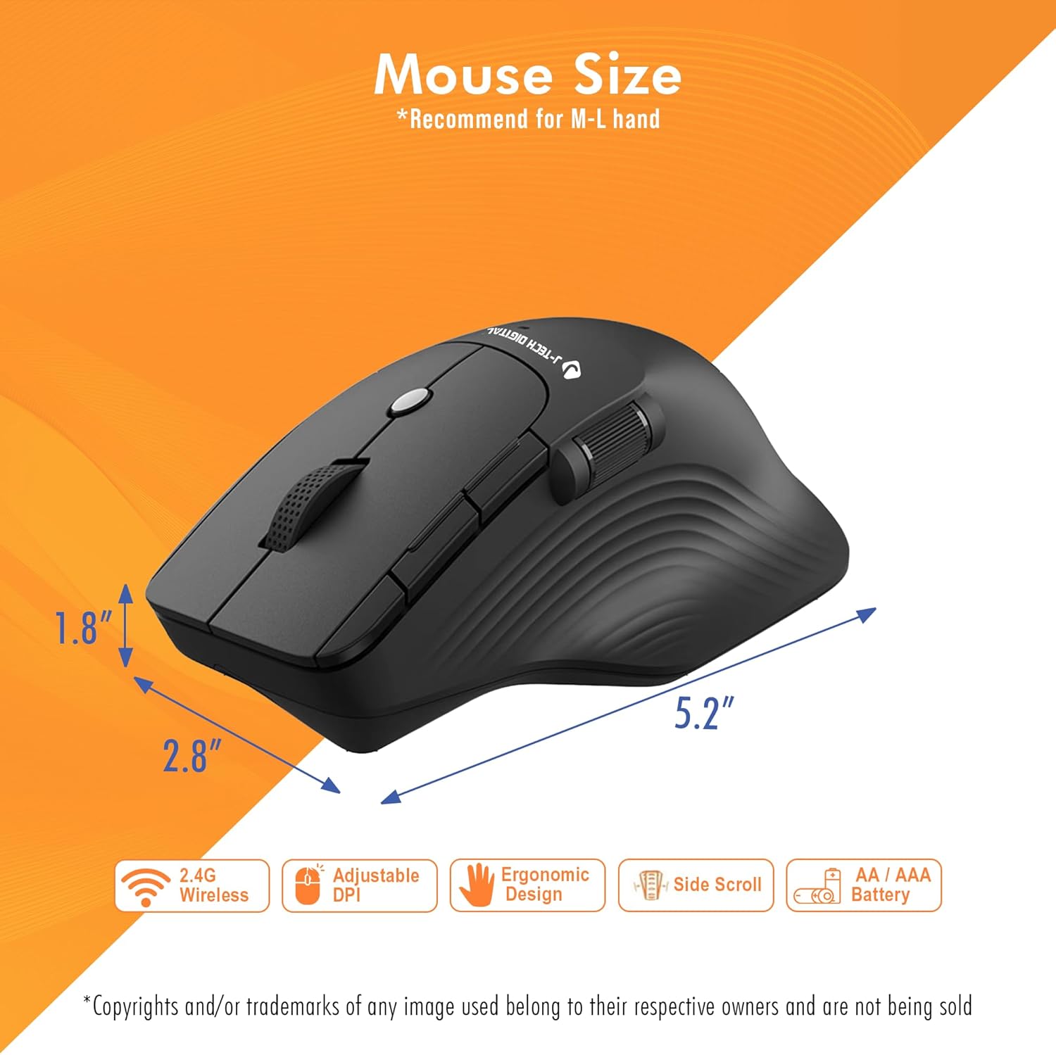 Diagram showing the dimensions of the J-Tech Digital V913 mouse: 5.2 inches long, 2.8 inches wide, and 1.8 inches high.