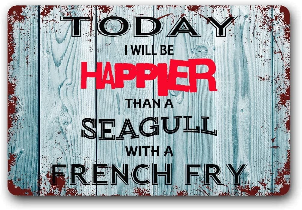 (2-Pack) Metal Tin Sign Beach Sign, Today I Will be Happier Than a Seagull with a French Fry Sign, 8x12 Inch, Cut Sign for Bedroom, Living Room or Office