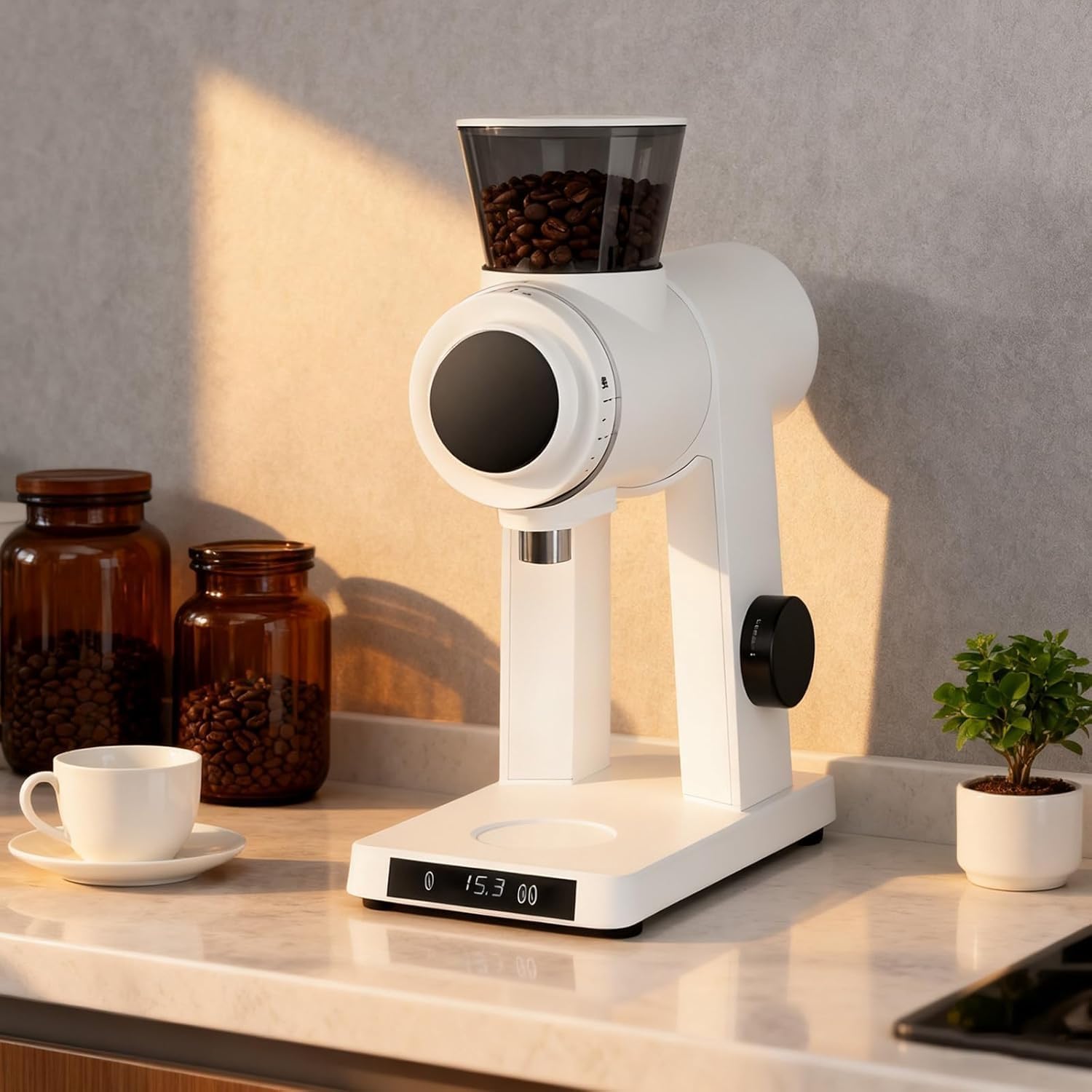 300 W Electric Coffee Bean Grinder,60 Mm Stainless Steel Flat Burr Blade,16 Precision Grind Settings,100 G Hopper,Digital Display(White)