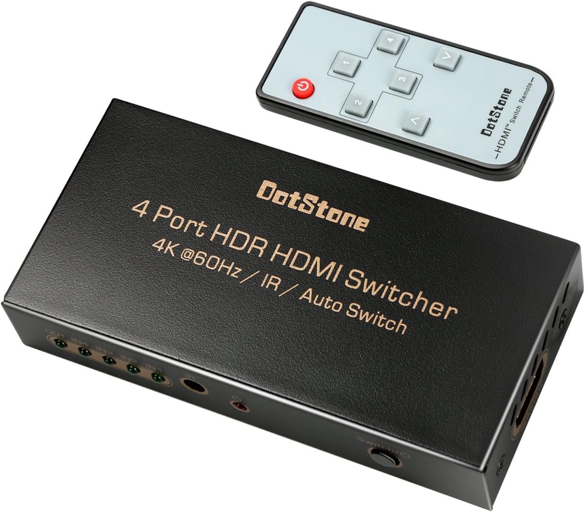 HDMI Switch HDMI 2.0 Switcher Auto 4 In 1 Out with IR Remote HDMI Splitter Support Ultra HD 4Kx2K@60Hz HDR 3D 1080p HDCP 2.2 Pass-through for XBox PS4 Blu-Ray Player Roku Amazon Fire Stick By DotStone