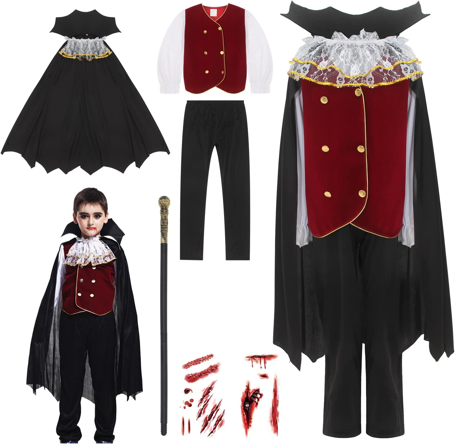 GEMVIE Kids Deluxe Vampire Costume for Boys Halloween Dracula Fancy Dress Carnival Cosplay Clothes