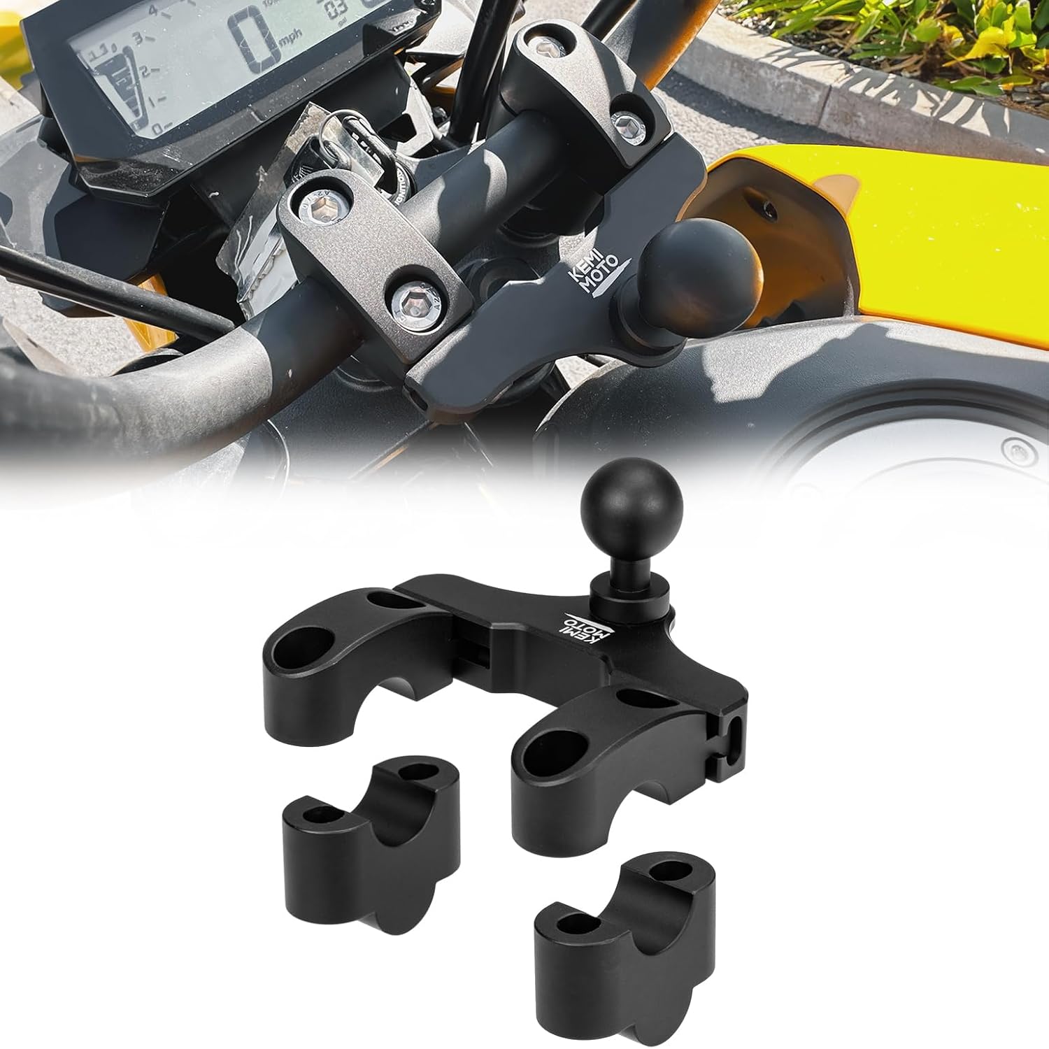 KEMIMOTO 7/8" 22mm Motorcycle Handlebar Clamp Ball Mount Compatible with Grom KLR650 CRF250L Trail 125 CT125 Aluminum Handlebar Riser with 1" Ball Mount for GPS Phone
