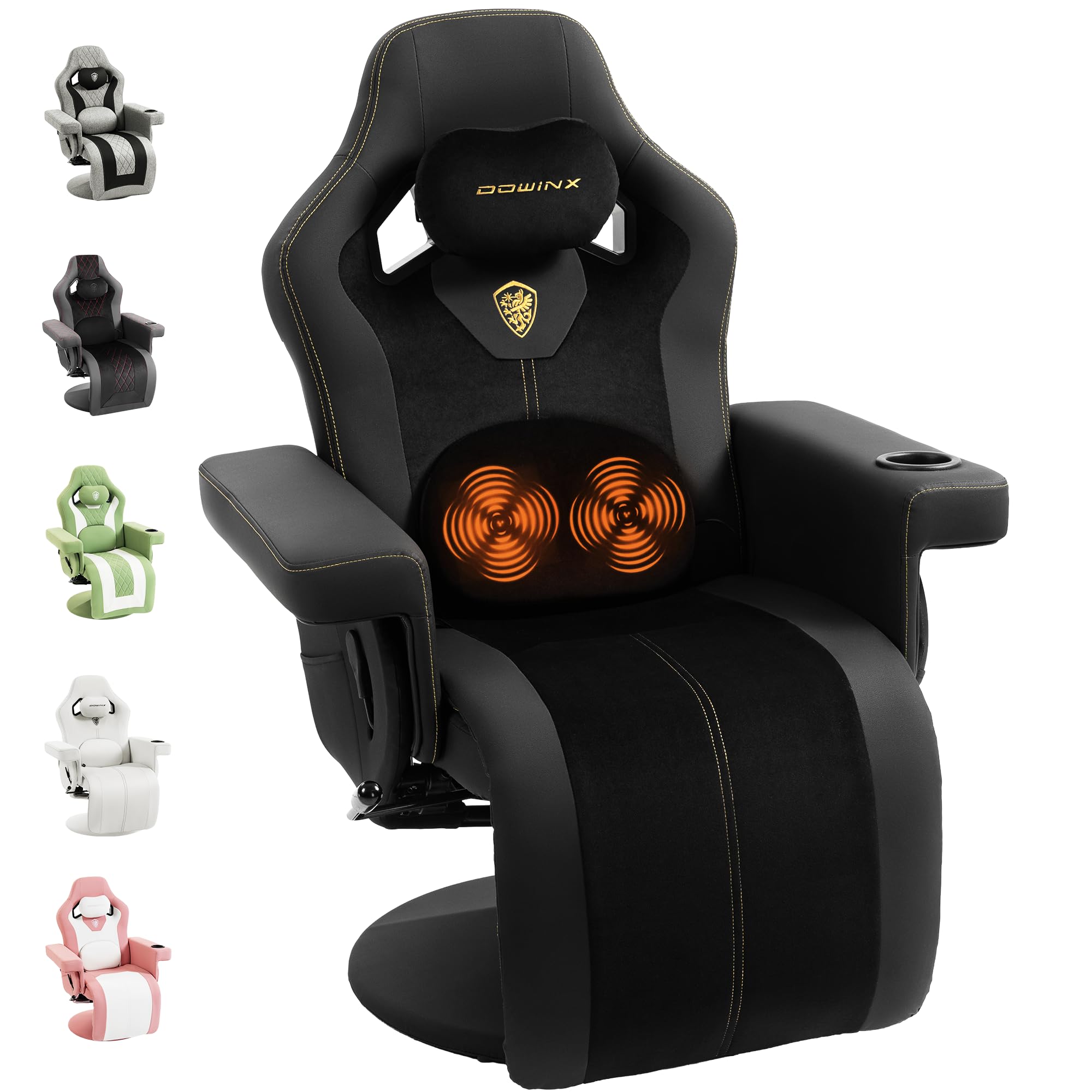 Dowinx Poltrona relax da gaming con funzione massaggio Shiatsu, poltrona TV con funzione reclinabile 90°-135° e poggiapiedi, sedia da gaming girevole a 360°, senza ruote, portabicchieri, tasche