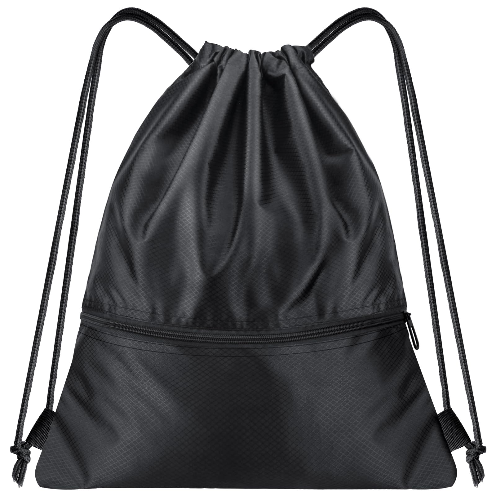 Lunhoo Drawingstring PE Bag, Cinch Backpack with 2 Zip Pockets, Waterproof Lightweight Gym Sack Pack for Swimming, Sport, School, Travel, Beach, Men and Women (Black)