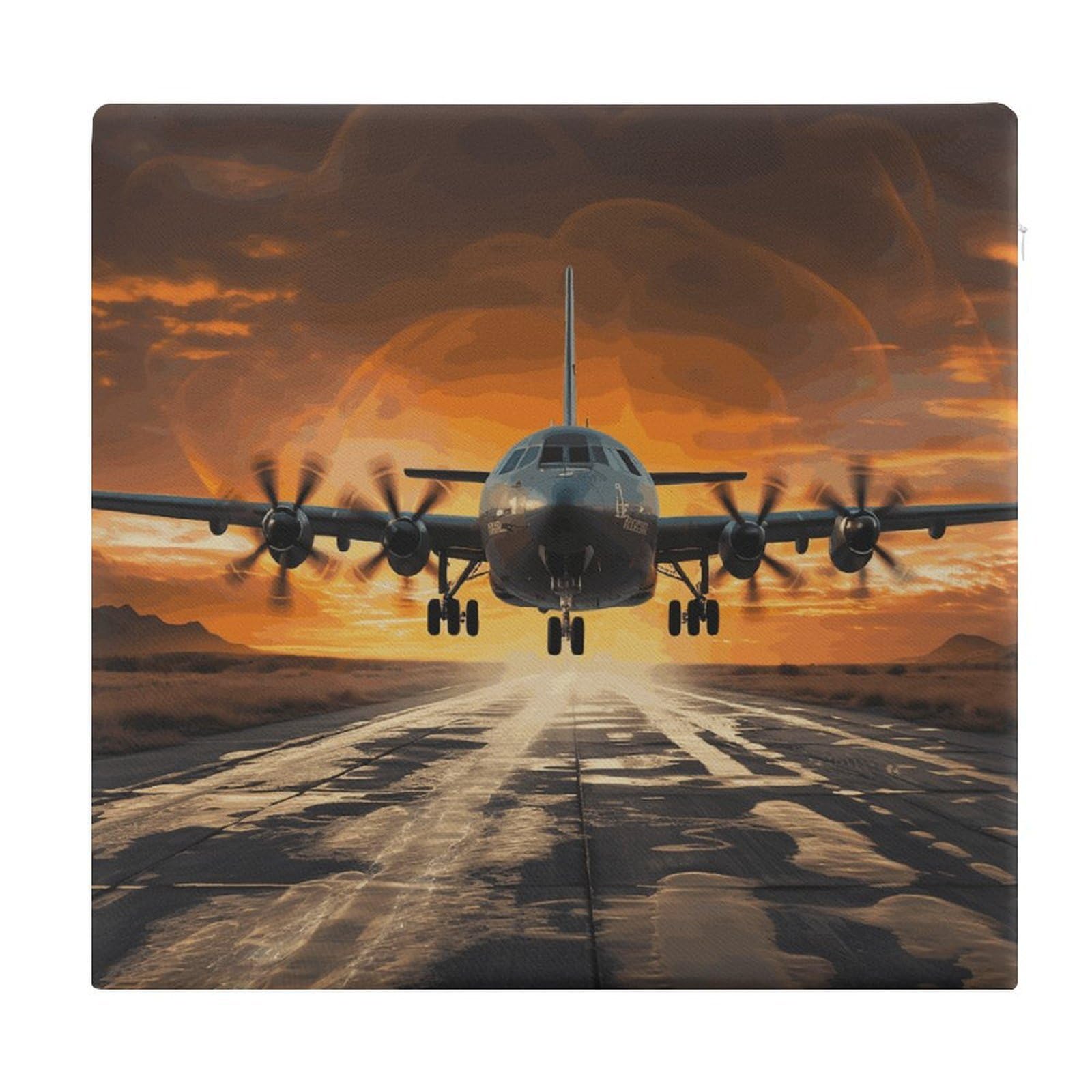 Square Military Plane Landing on Airforce Runways Against Beautiful Dusky Sky Chair Cushion with Removable Cover Memory Foam Seat Cushions for Adults Soft Comfort Chair Pads for Home Office Restaurant