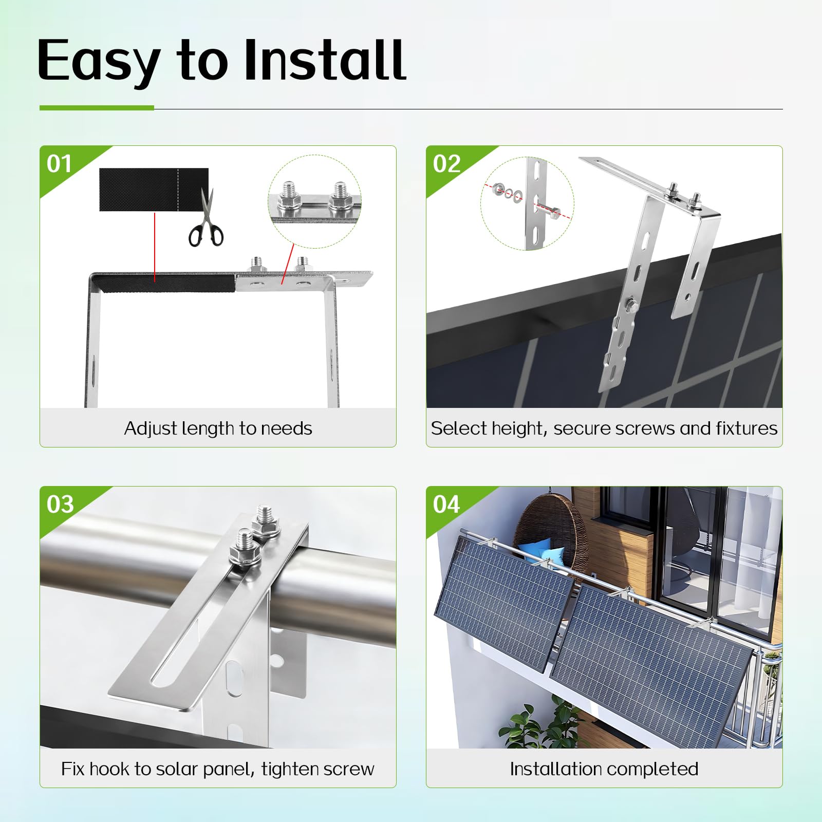 2x Crochets de fixation pour panneaux solaires, Support de balcon réglable 6–18 cm en acier inoxydable 304 Support avec vis pour balcon photovoltaïque, garde-corps carrés/ronds (sans perçage)