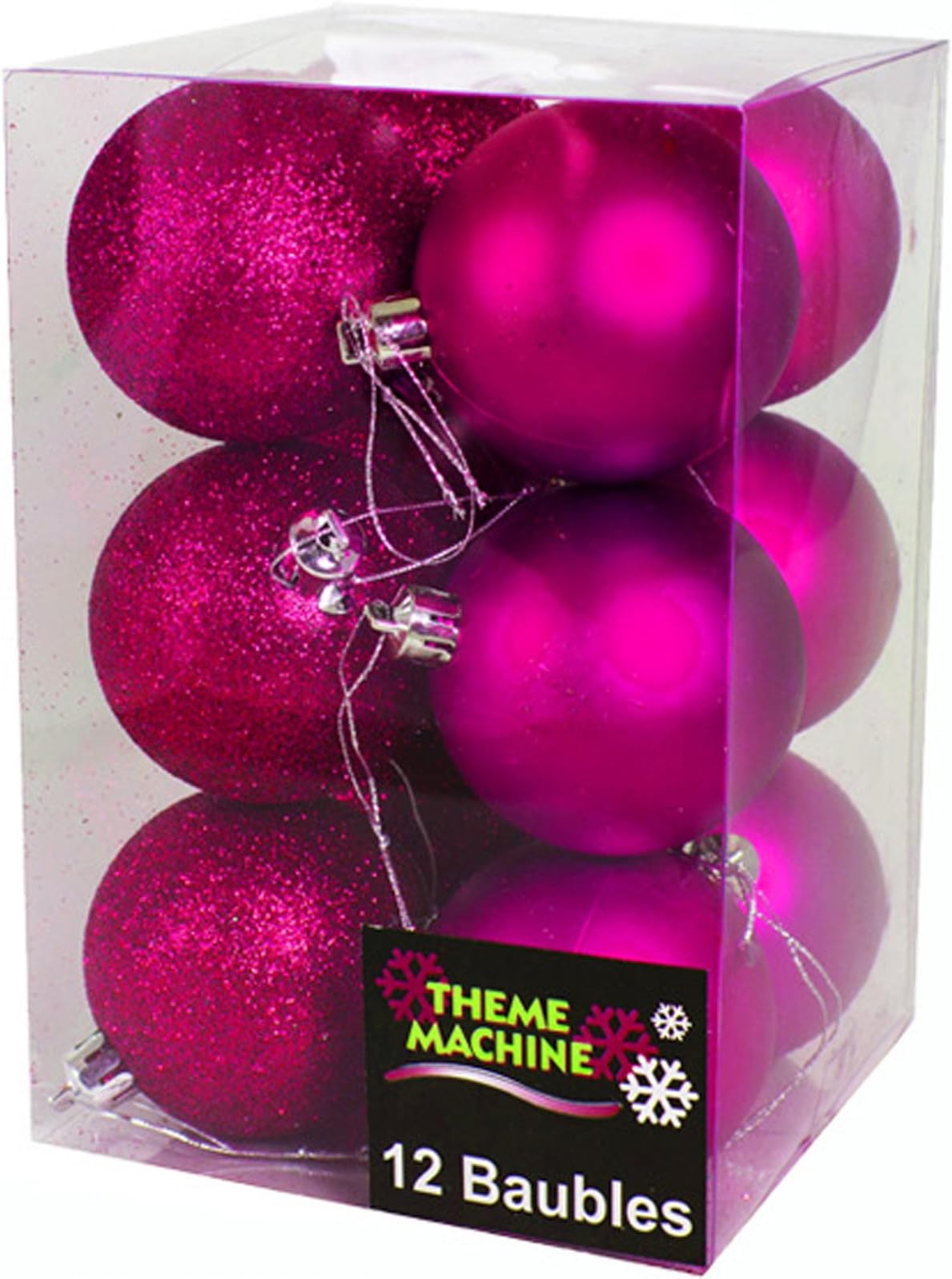 (Theme Machine 54028) 12x Hot Pink/ Fuschia Glitter and Plain 60mm Baubles for 'Christmas' Tree