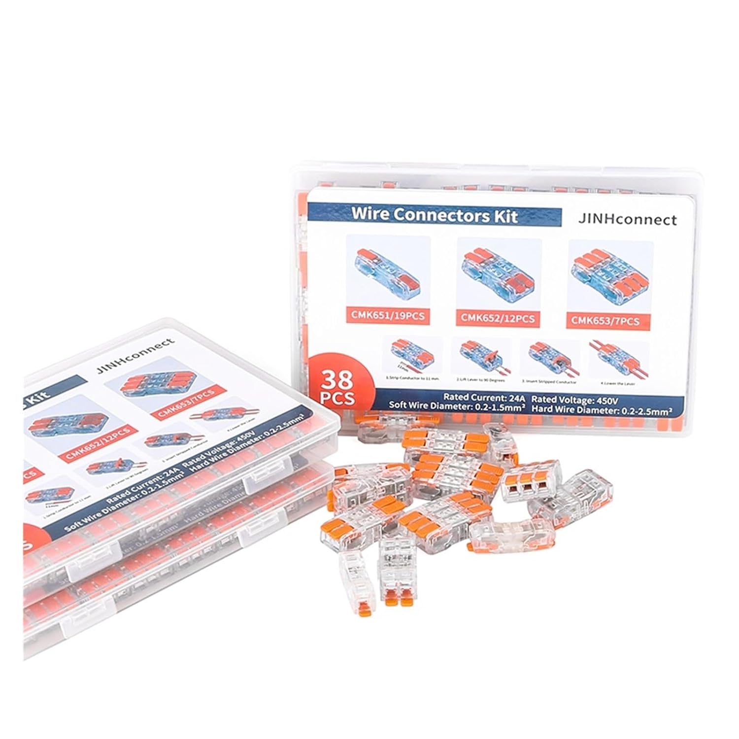 38Pcs CMK65 Lever Connector Nuts Assortment Pack Quick Splicing Electrical Terminal Blocks Standard Multiple in Out Wiring