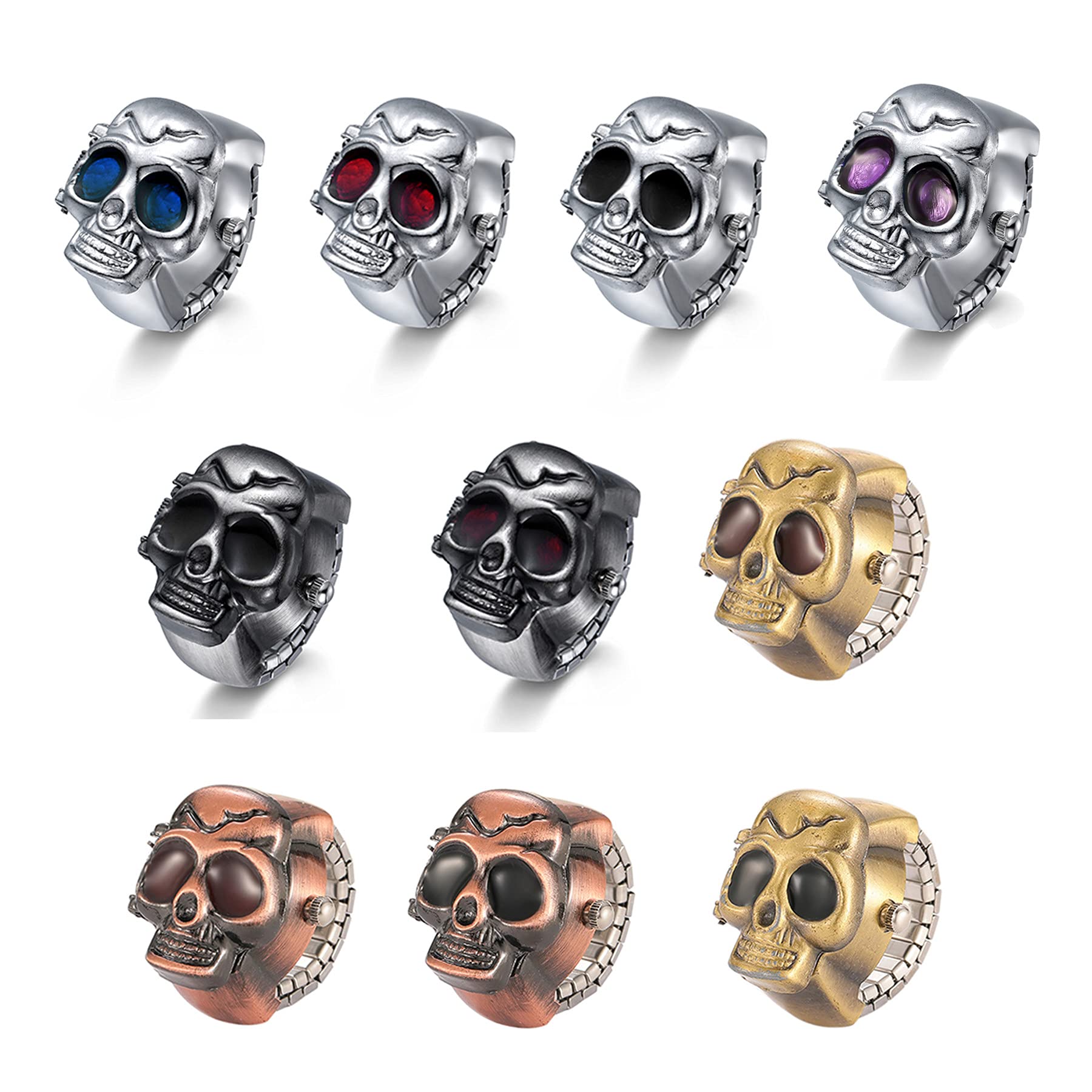 JewelryWe Herren Ringuhr Fingeruhr Analog Quarz Uhr Elastisch Totenkopf Schädel Ring Band Edelstahl Uhr Uhrenring