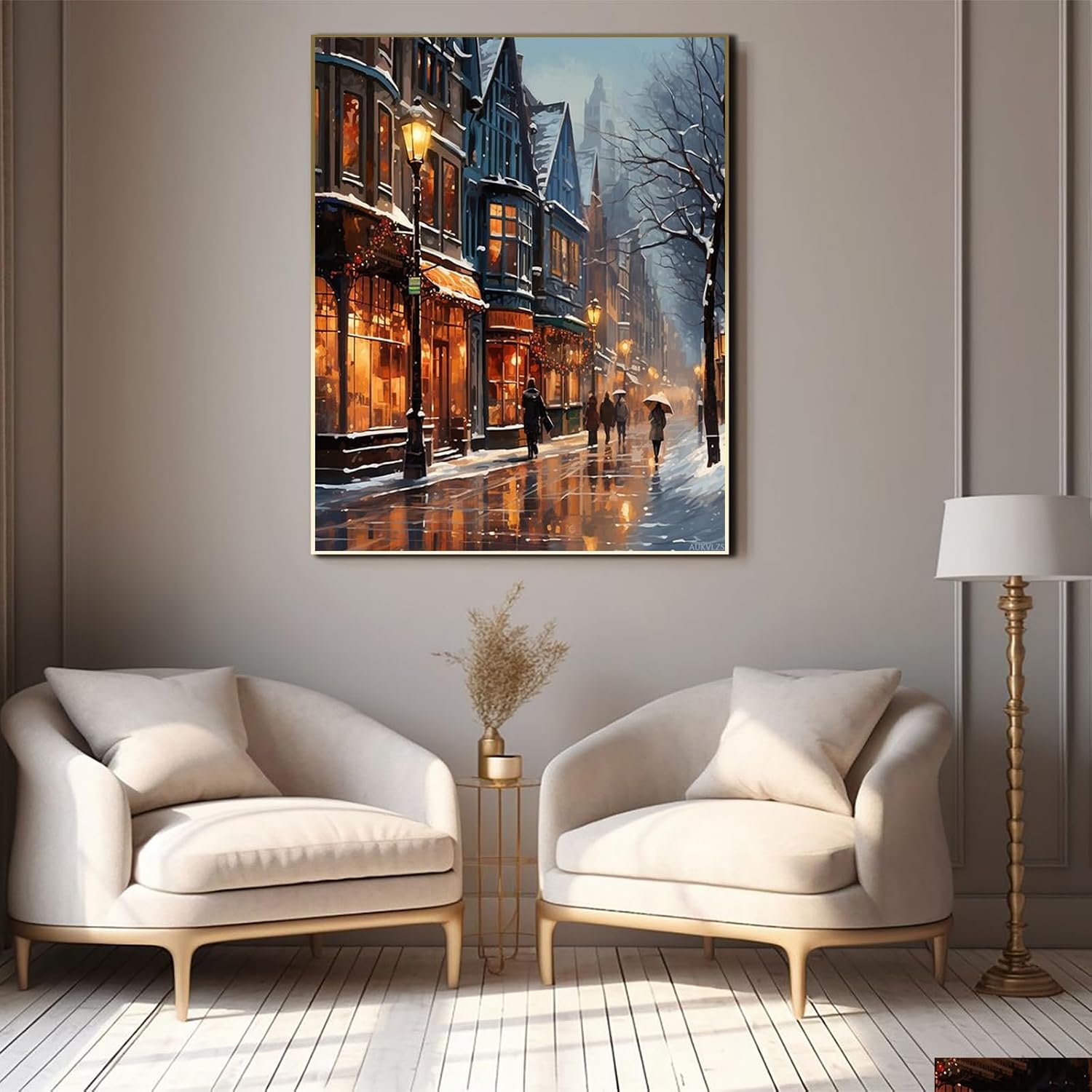 AUKVLZS Paint by Number for Adults, Winter City Street Scene, DIY Oil Painting Kit on Canvas with Paintbrushes and Acrylic Pigment, 40x50cm, Without Frame