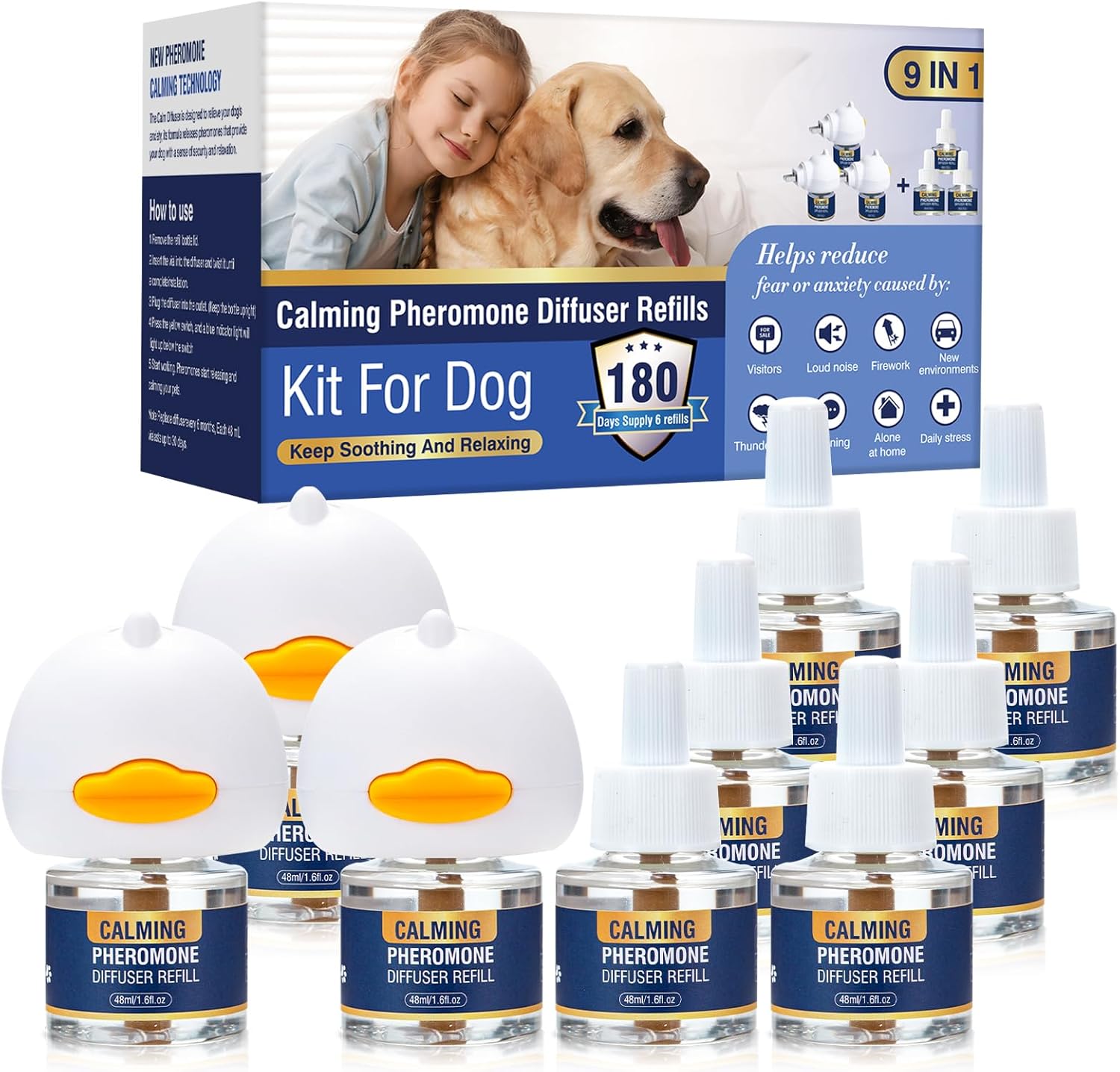 Dog Pheromones Calming Diffuser Kit Appeasing Pheromone Diffuser to Calm (3 Plug in+ 6 Pack 48ml Refill) for Anxiety Relieve Relief Reduce Aggression Fighting Barking Stress 180 Day Supply (Tasteless)