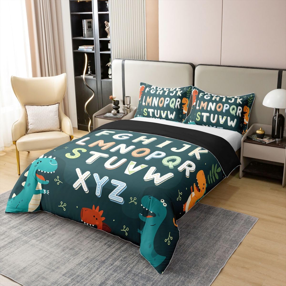 Alphabet Kids ABC Learning 100% Cotton Duvet Cover Twin Size, Cartoon Dino Comforter Cover Kids Educational Nursery Art Bedding Set for Boys Girls Jungle Dino Bedspread Cover 2Pcs with 1 Pillow Case