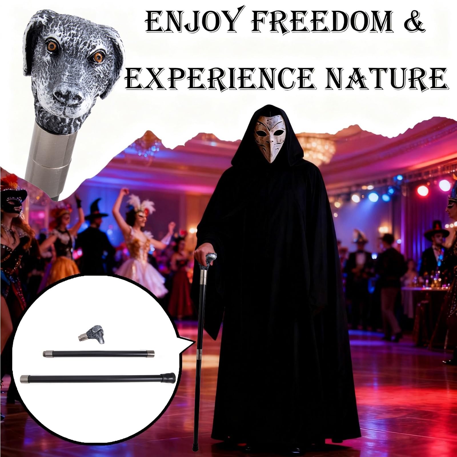 Bastón de Senderismo con Cabeza de Perro de Estilo Retro, Bastón Metálico de Estilo Británico, Bastón de Lujo Creativo y Moderno para Halloween