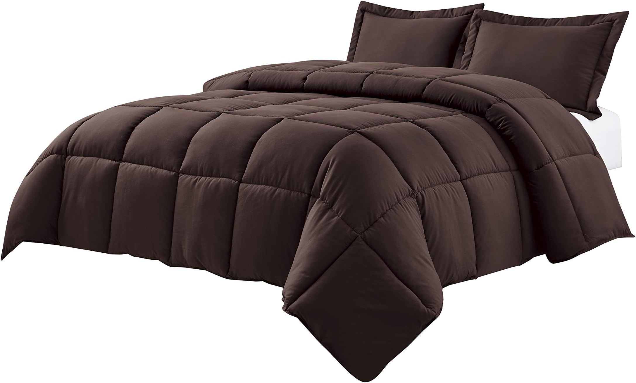 3 Piece All Season Down Alternative Comforter and Pillowcase Set Hypoallergenic Plush Microfiber Fill (Chocolate Brown, King)
