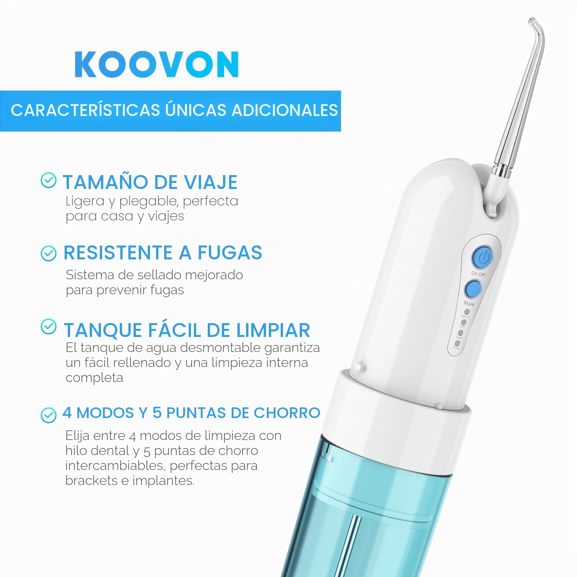GEEDIAR Irrigador Bucal Portatil - 5 Boquillas, 4 Modos, 150ML, IPX7 Impermeable, Recargable USB-C, Limpieza Profunda para Dientes y Encías, Ideal para Hogar y Viajes, Azul