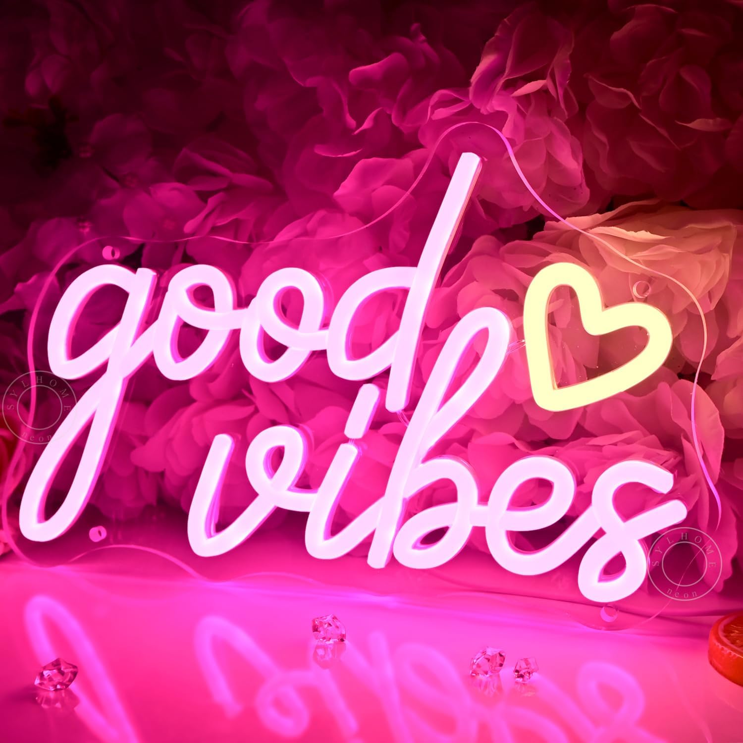 SYLHOME Good Vibes Led Neon Light Sign Heart Bedroom Office Wall Decor Pink image 4