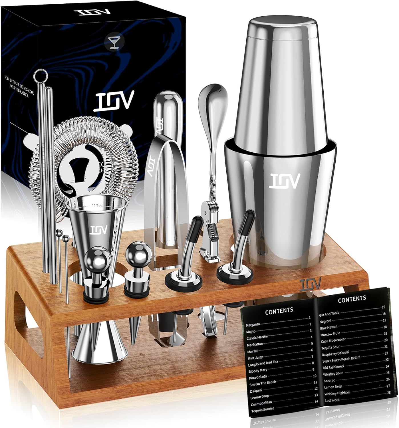 IOV Mixology Bartender Kit Bar Set with Stand | 17-Piece Cocktail Shaker Set | 28oz Boston Shaker Drink Mixer Set with All Essential Accessory Tools | Fun Housewarming Gift (Silver)