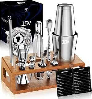 IOV 17-Piece Bartender Kit with Bamboo Stand - 28oz Boston Shaker Set, Cocktail Tools & 28 Recipes - Ideal Mixology Gift (Silver)