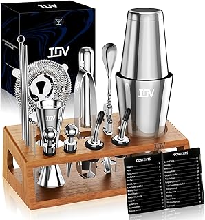 IOV Mixology Bartender Kit Bar Set with Stand | 17-Piece Cocktail Shaker Set | 28oz Boston Shaker Drink Mixer Set with All Essential Accessory Tools | Fun Housewarming Gift (Silver)