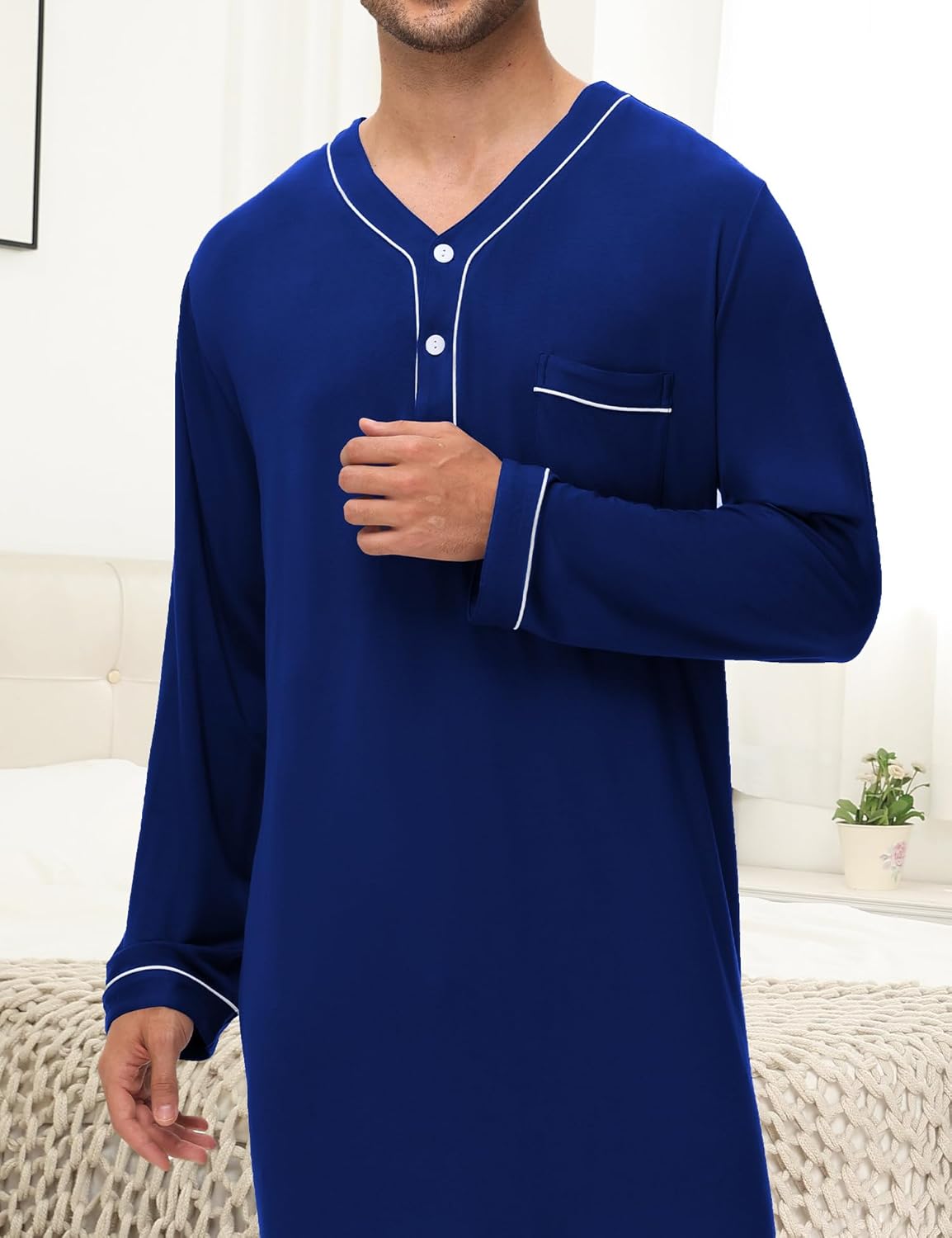 SWOMOG Men's Nightshirt Long Sleeve Nightgown Soft Loose Sleepwear Lightweight Nightwear Comfy Henley Sleep Shirt M-3XL - Image 5