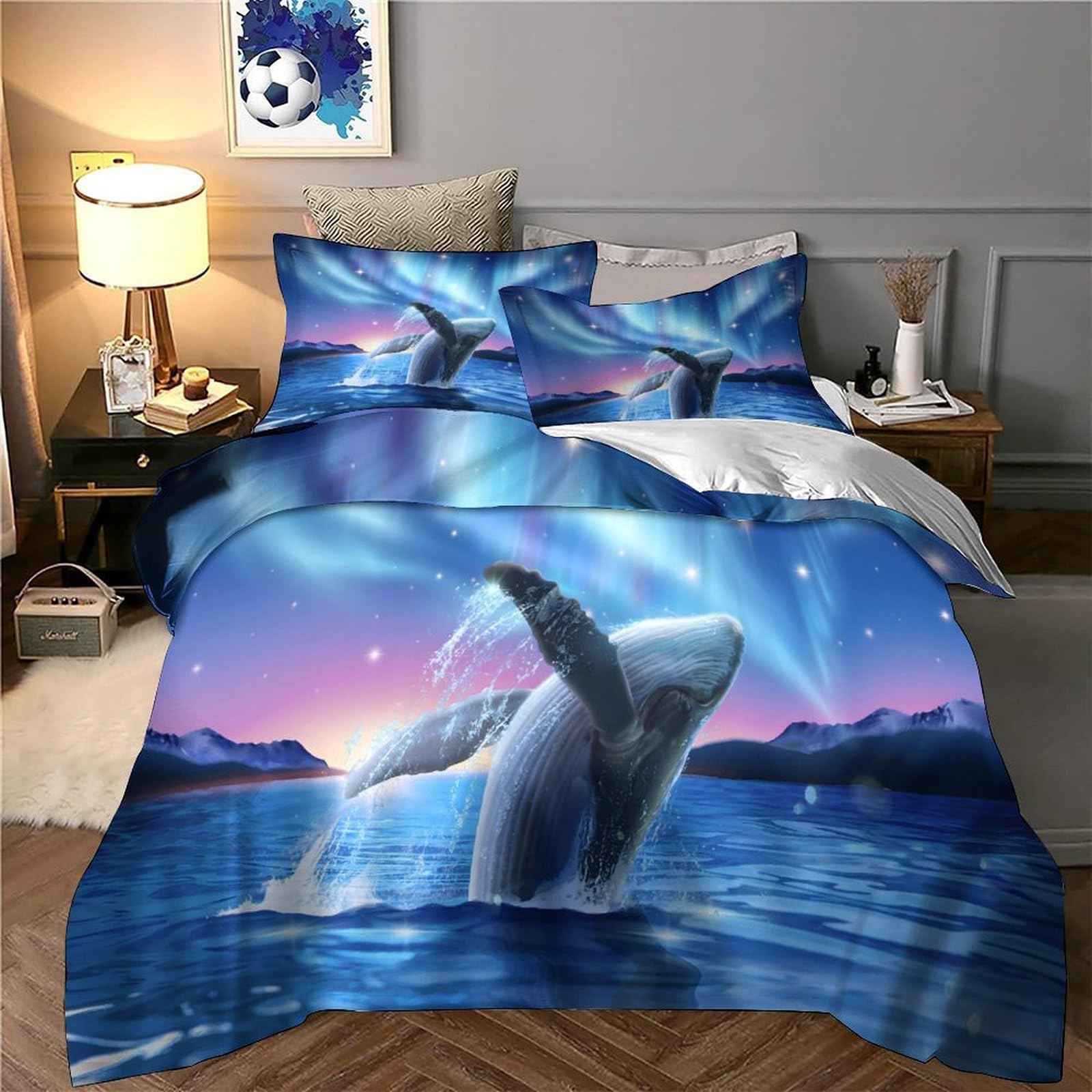 salto della balena Impressione 3D 3 pz cover piumone natura fantasia arte fodera per edredone microfibra zip antiacari per bambini ragazzi adulti King（220x240cm）