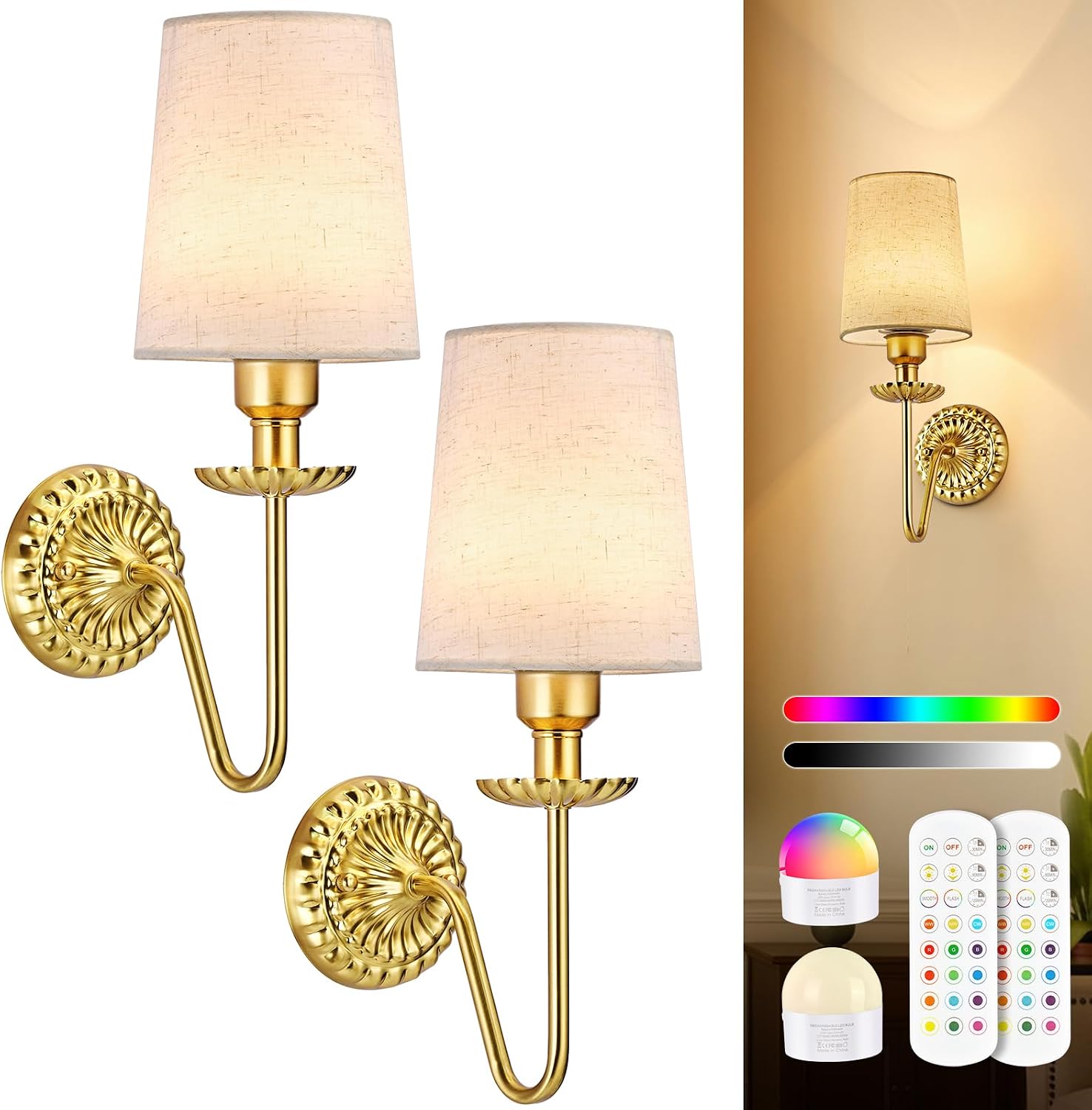 Battery Operated Wall Sconce Set of 2, Gold Sconces Wall Decor