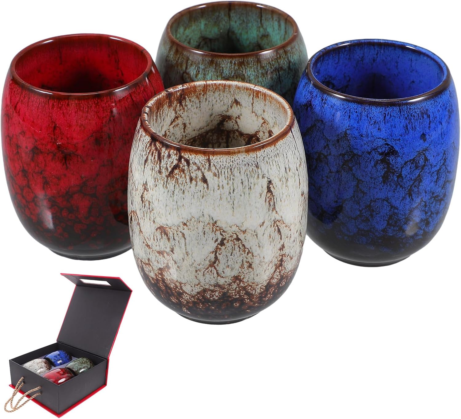 Amosfun Japanese Style Ceramic Coffee Cup and Porcelain Tea Mug Set 4pcs with Temmoku Glaze, Asian Tea Cups for Home Kitchen Drinkware Box Packaging