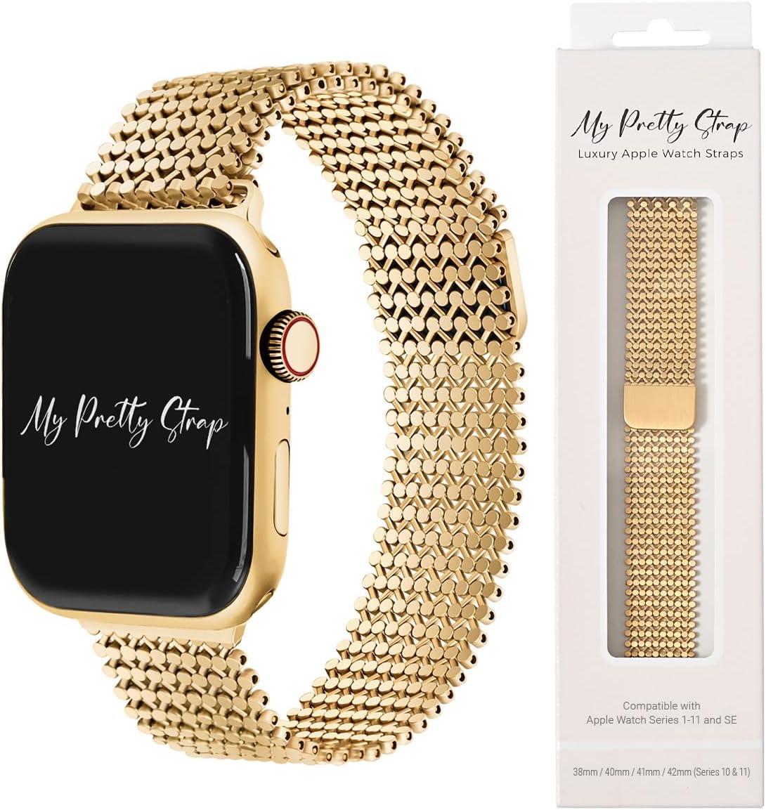 My Pretty Strap- Compatible Apple Watch Band - Stainless Steel iWatch Strap for Women- Adjustable Strap (5.4" - 9.4") - Series 1-11, SE & Ultra (38/40 41/42/44/45/49) - Gold, Silver -Jasmine