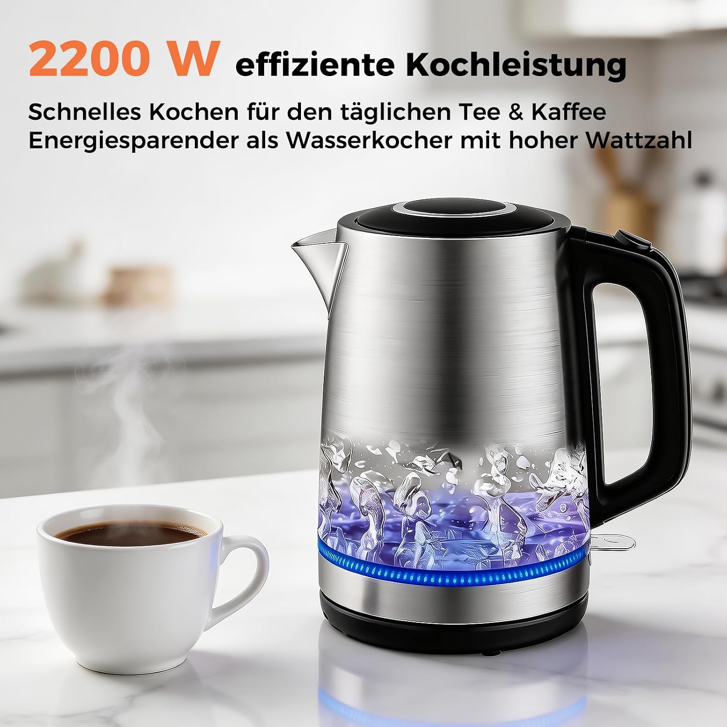 YASHE Stainless Steel Electric Water Kettle 1.7L, 2200W Fast Boiling, Wireless Kettle with Anti-Filter, Automatic Shut-off and Boil Dry Protection, Silver image 2