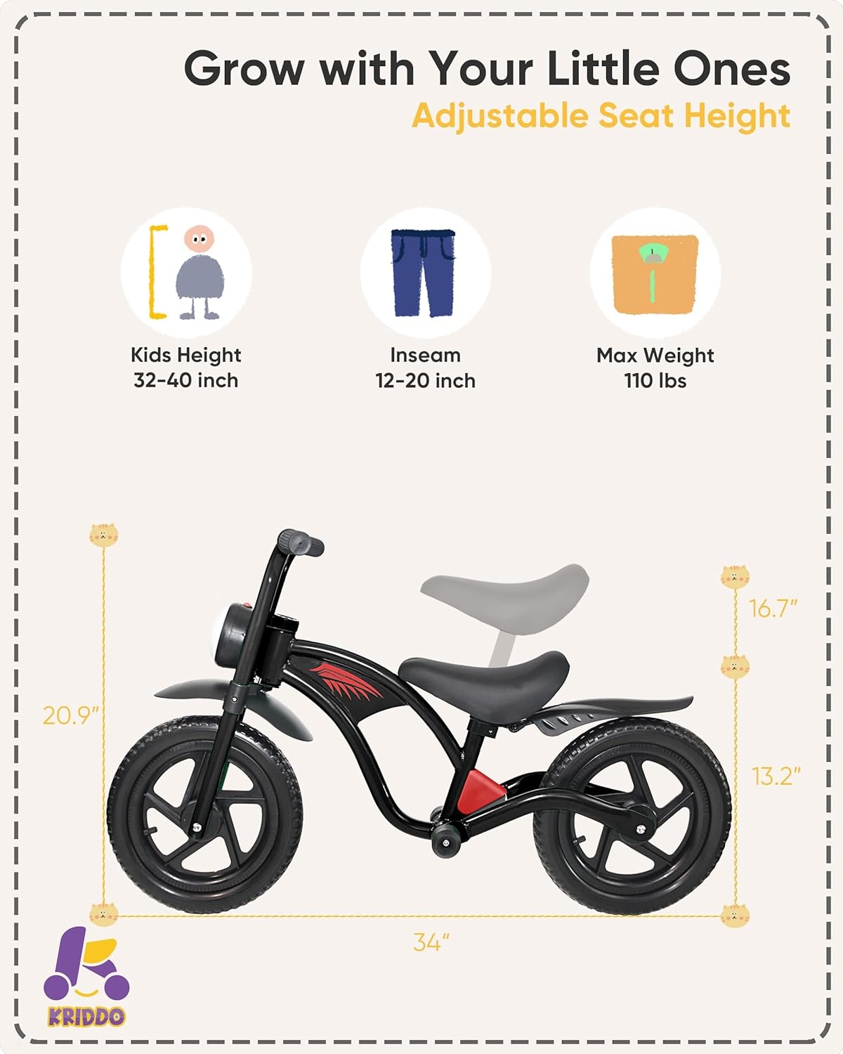 KRIDDO Kids Balance Bike for 2-5 Years, with Front Light, Upgraded Tires for All Terrain, Upgraded Bearing for Smooth and Stable Riding, Front and Rear Fenders, Adjustable Seat