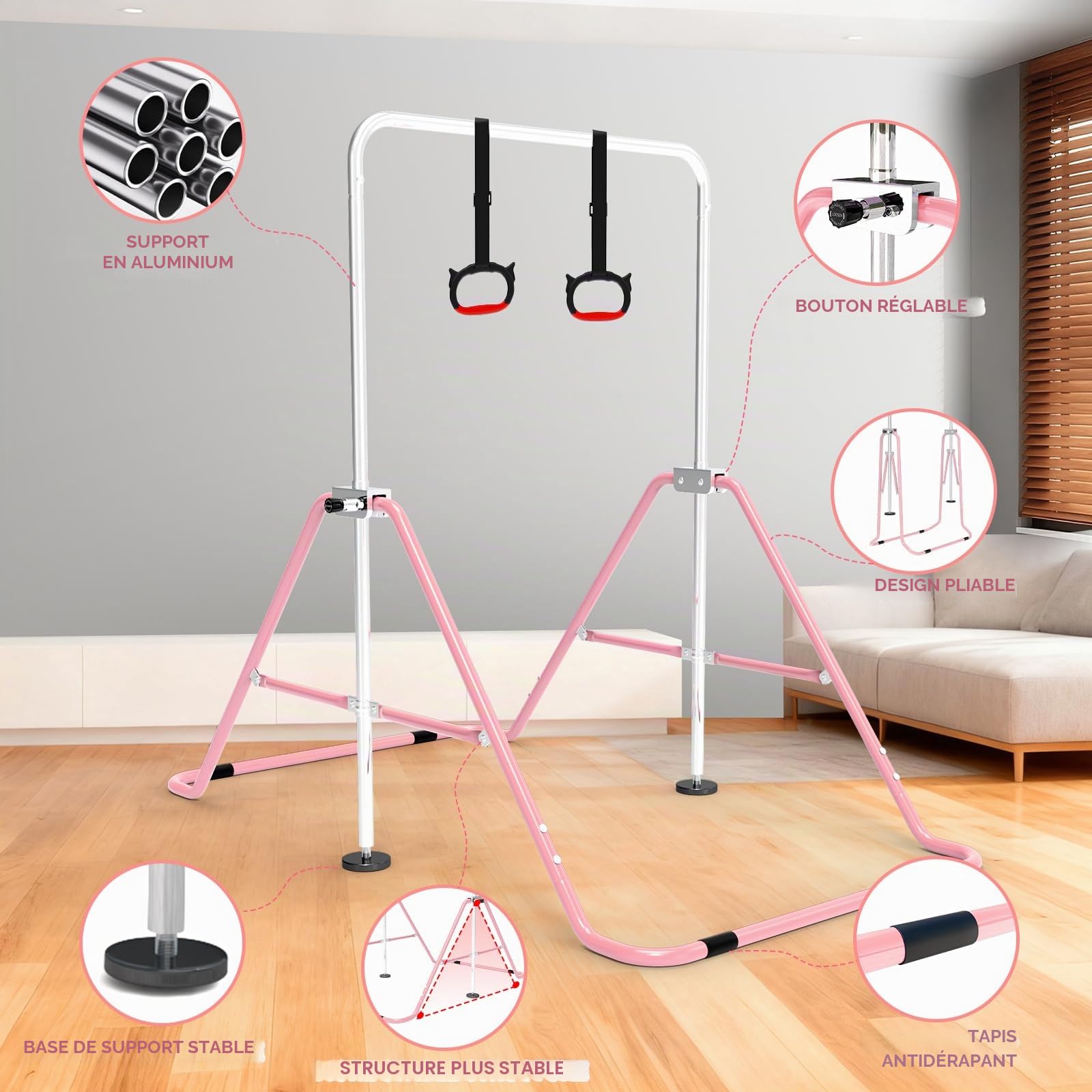 Barre de Gymnastique pour Enfants, Hauteur Réglable et Pliable – avec Anneaux, Barre Horizontale d’Intérieur pour Filles et Garçons, Équipement de Gym à la Maison