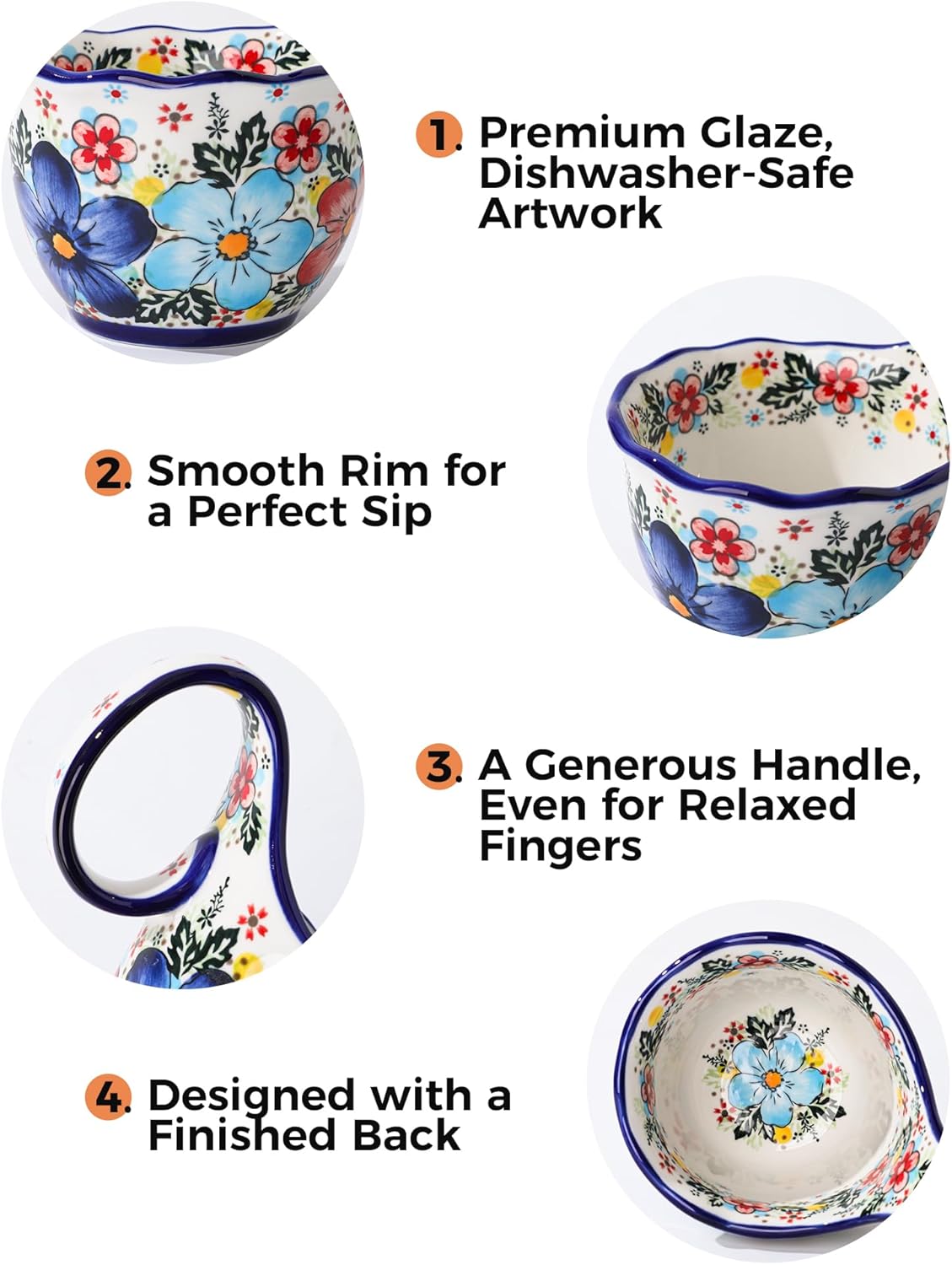Soup Bowl with Handle, Microwavable Ceramic Soup Mug with Bowl Snuggies, Soup Cups for Stew, Fruits, Chili (​Azure Blossom)