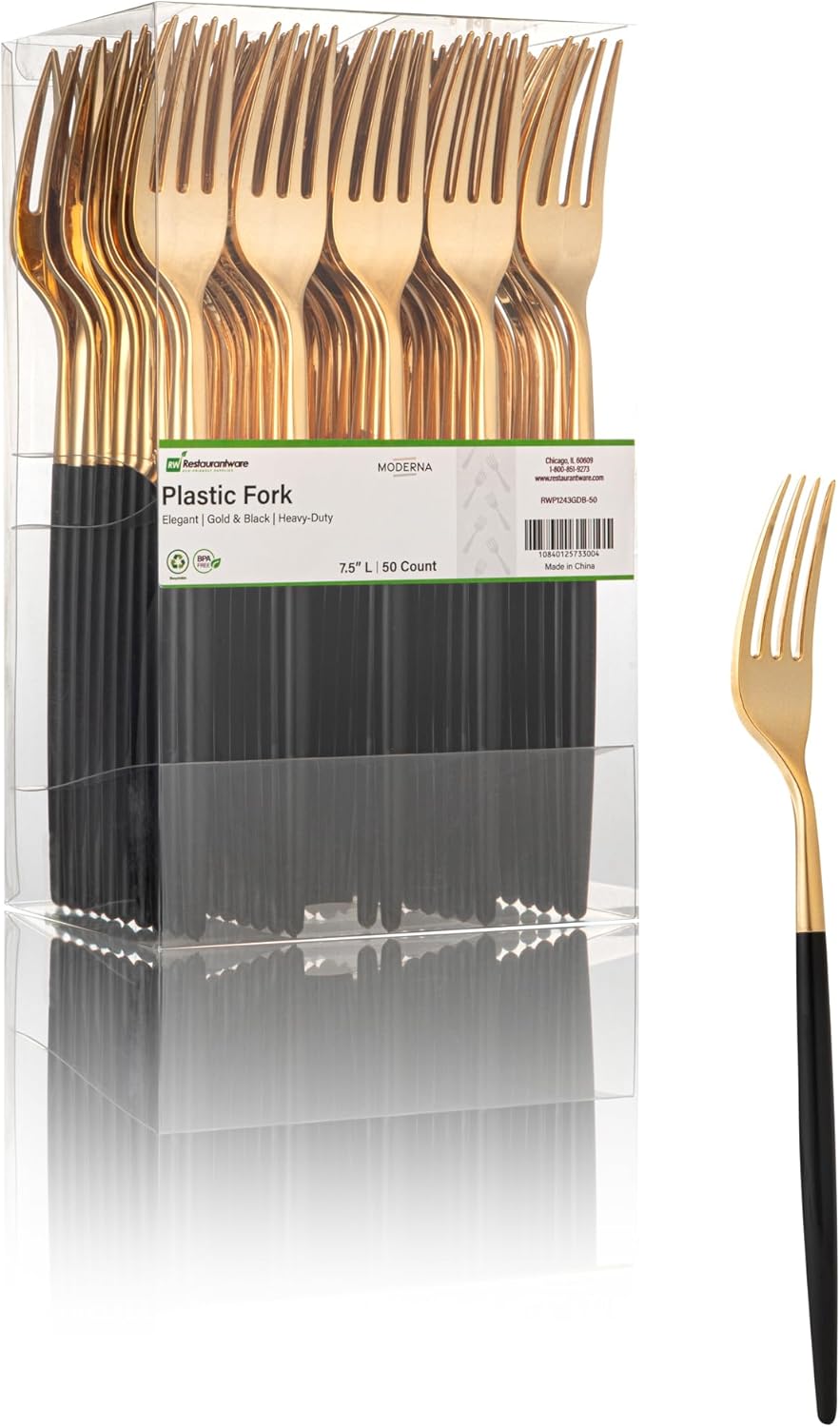 Restaurantware-Moderna 7.5 Inch Fancy Flatware, 500 Durable Plastic Flatware - With Black Handle For Grip, Heavy-duty, Gold Plastic Forks, Easily Disposable Or Restaurants