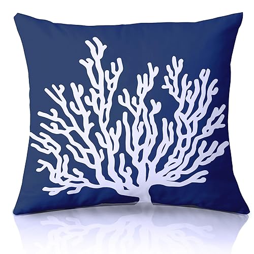 Navy Blue Coral Pillow Cover 18x18, Beach Coastal Nautical Decor,