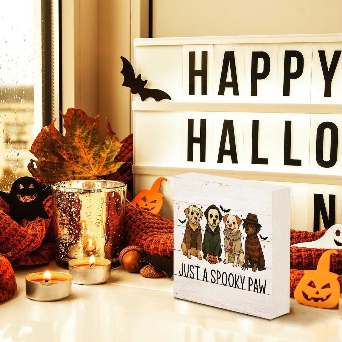 Halloween Ghost Table Decorations Indoor Halloween Party Decorations Vintage Dog Spooky Home Decor Gifts Rustic Pumpkin Wooden Box Sign for Kitchen Bedroom Bathroom Office House Shelf Decor image 4