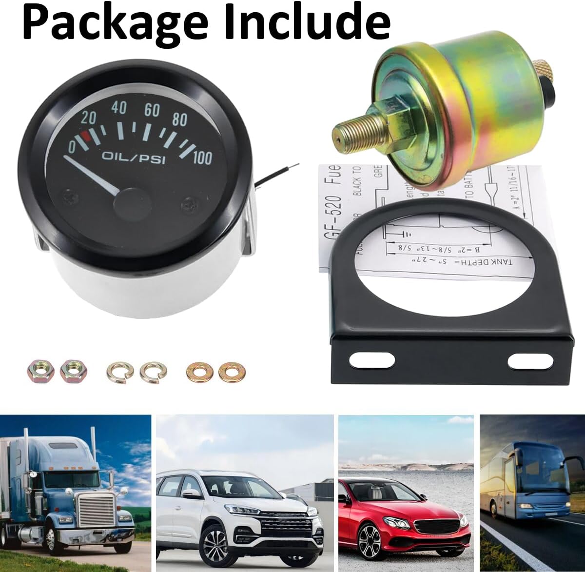 Car Oil Press Gauge 2" 52mm Auto Oil Pressure Gauge Meter Psi Press Pointer Instruments 12V Bright White Light Indicator 0 to 100 Psi