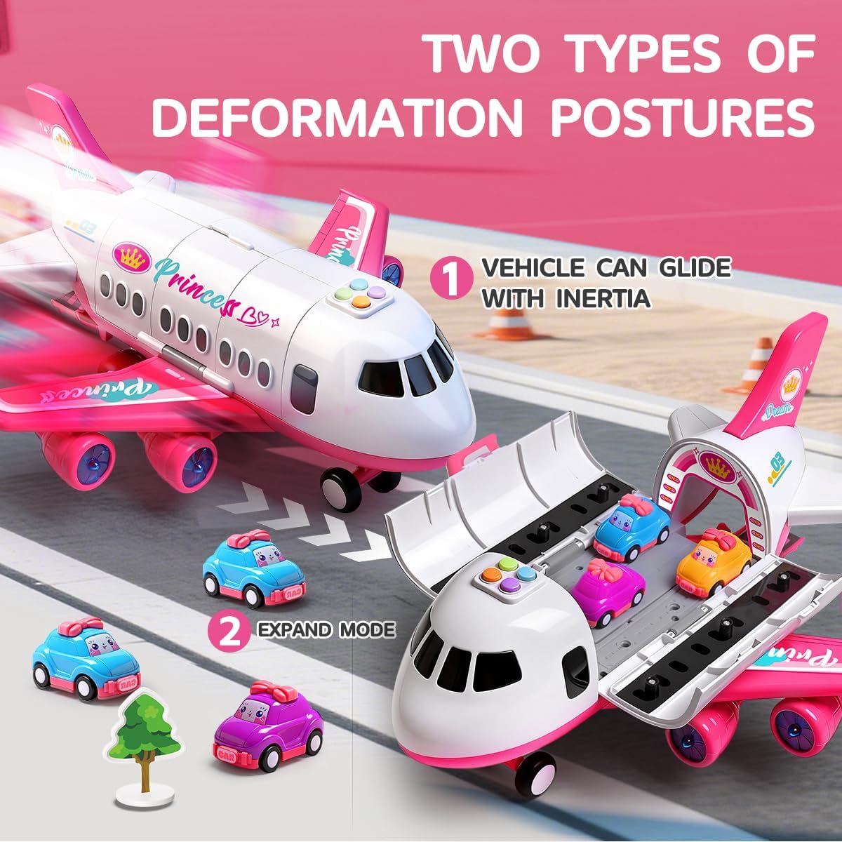 Pink Airplane Toy with Princess Cars and Play Mat,Plane with Lights and Sounds for 2 3 4 5 6 7 Year Old Toddler Girls,Birthday Gift Idea for Kids